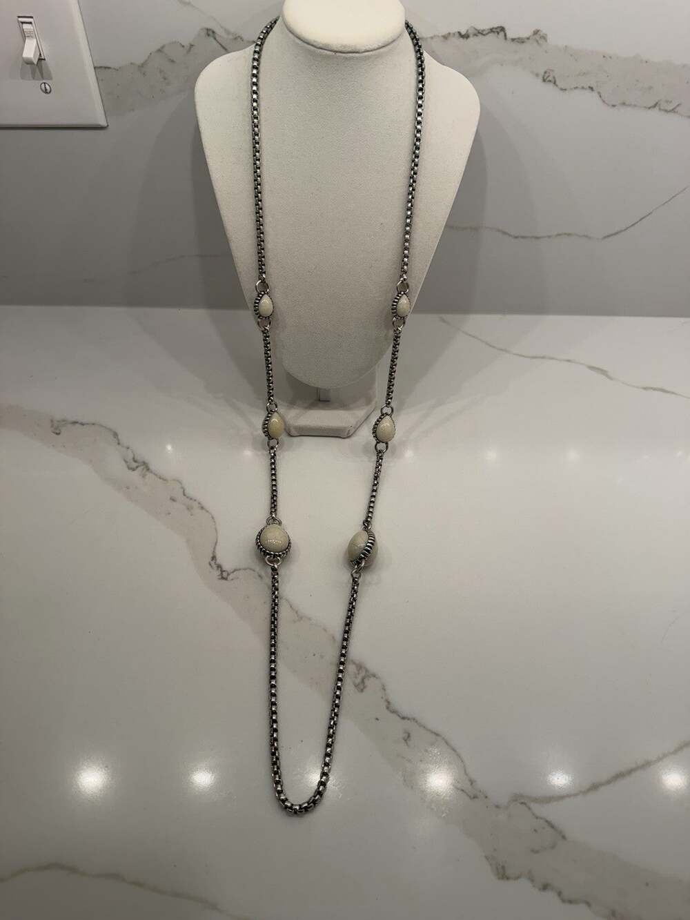 Long Silver Tone Box Chain Necklace Cream Howlite Look Stone Stations Boho Long